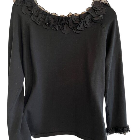 Talbots Silk Blend Luxury Flower Petals Rhinestones Black Blouse Sweater Top L - Picture 3 of 7